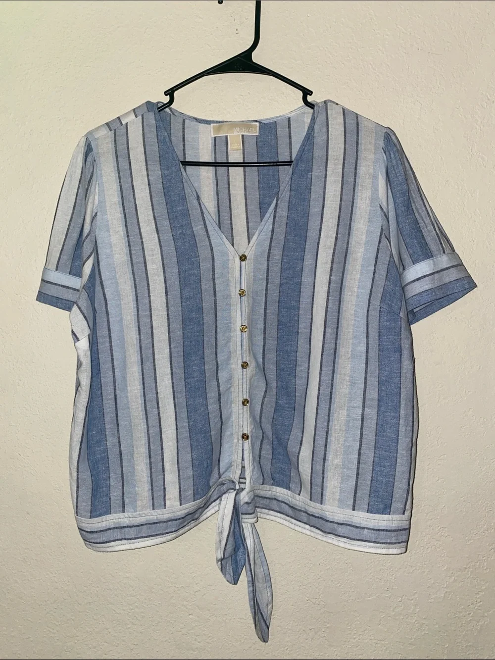 Michael Kors Blue and White Striped Tie-Front Button Linen Blend Blouse